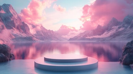 Serene Pink Sunset Mountain Lake with Platform