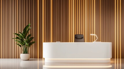 Fototapeta premium A modern reception area featuring a sleek white desk, stylish chair, warm wooden accents, and ambient lighting, complemented by a decorative plant.