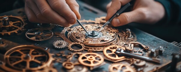 Hands assembling intricate mechanical clock gears