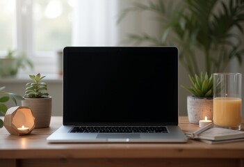 Turned-off laptop on a cozy desk with candles.