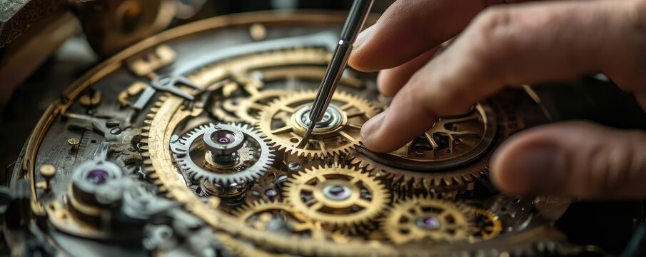 Hands assembling intricate mechanical clock gears