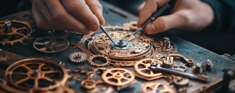 Hands assembling intricate mechanical clock gears