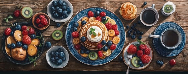 Gourmet breakfast spread with pancakes and fresh fruits