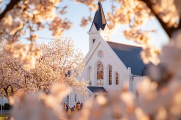 Springtime celebration at a white church surrounded by blooming cherry blossoms during Easter festivities