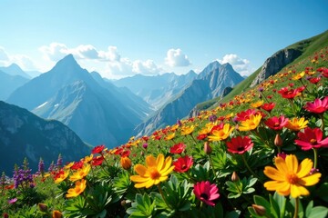 Row of flowers stretching up the mountain slope, blooming, mountain