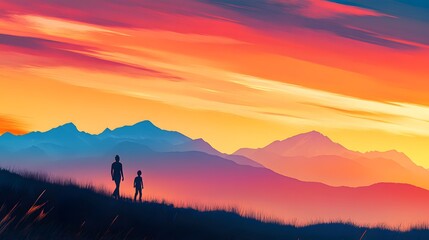 Obraz premium Silhouetted figures walk towards a vibrant sunset mountain range