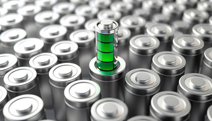 Many Batteries One Charged: One fully charged battery stands out among many depleted batteries, energy concept