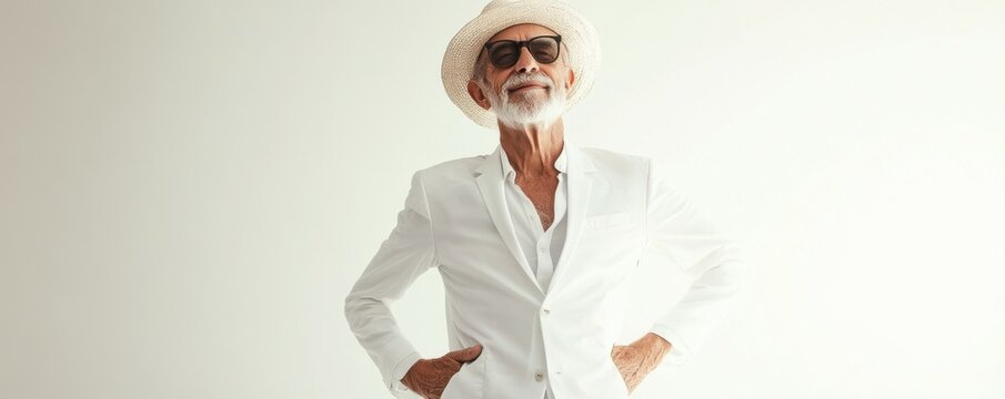 Fashionable elderly man in a stylish white outfit against a minimalist white background, embodying modern elegance and confidence with a unique hairstyle and expressive pose