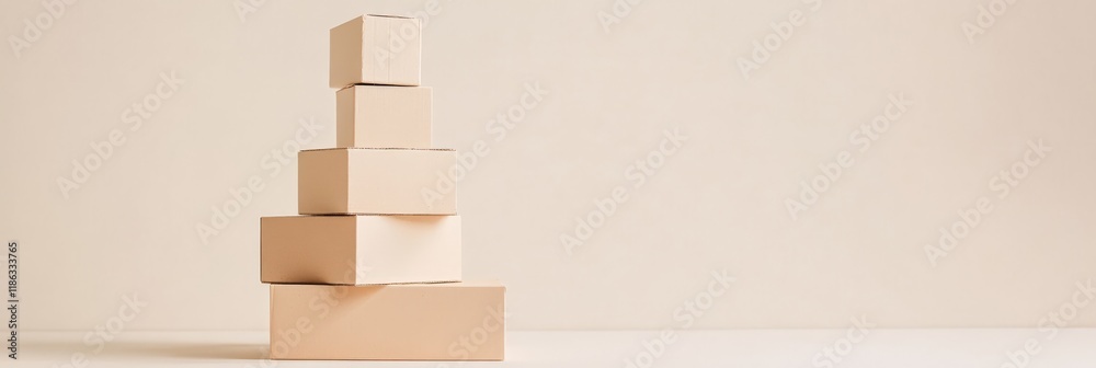 Aufkleber Five cardboard boxes of different sizes are stacked creating a pyramid shape, levitating on a beige background with copy space, ideal for delivery and packaging concepts