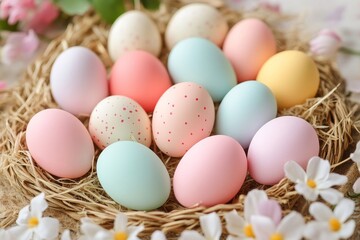 Brightly colored Easter eggs arranged in a decorative nest surrounded by spring flowers on a soft surface
