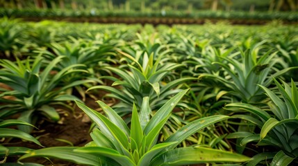 Young pineapple plants grow in neat rows, with vibrant green leaves under the bright sun, surrounded by lush tropical farm landscape