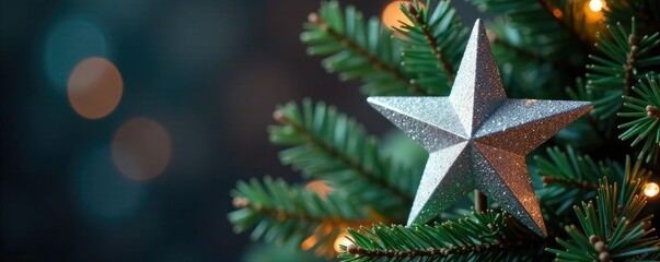 Silver star Christmas tree topper with subtle shine, understated, winter, decoration