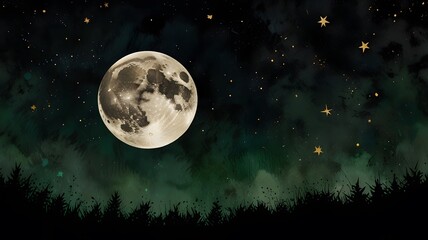 Mysterious night with a full moon and stars against the background of a dark sky and silhouettes of trees - an atmospheric image for stock photos of nature and night landscape