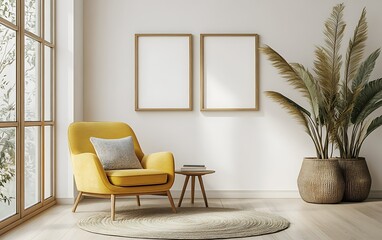 Cozy yellow armchair in bright room, near window, mockup posters, plants. Home decor, interior design