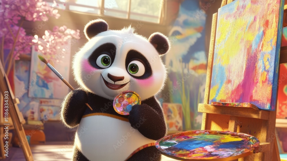 Aufkleber panda in an art studio joyfully painting with a brush and palette during a vibrant creative session.