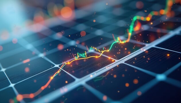 Macro view of solar panel texture shows rising financial graph. Renewable energy market trend upward. Positive growth, investment potential highlighted. Data visualization represents increasing
