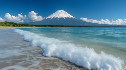 Majestic Mount Fuji Viewed From A Sandy Beach