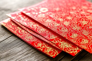 Elegant Red Envelopes with Gold Floral Patterns Placed on a Rustic Wooden Surface for Celebrations and Traditional Festivals