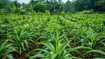 Young pineapple plants grow in neat rows, with vibrant green leaves under the bright sun, surrounded by lush tropical farm landscape