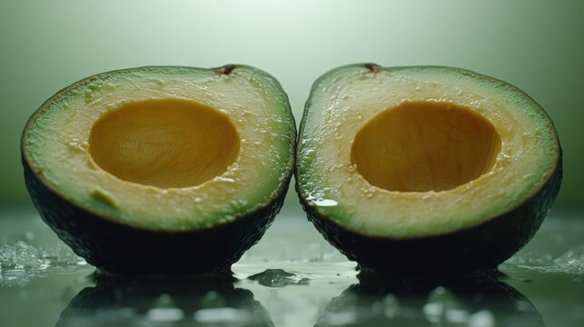 Two halved avocados, pitted, wet surface.
