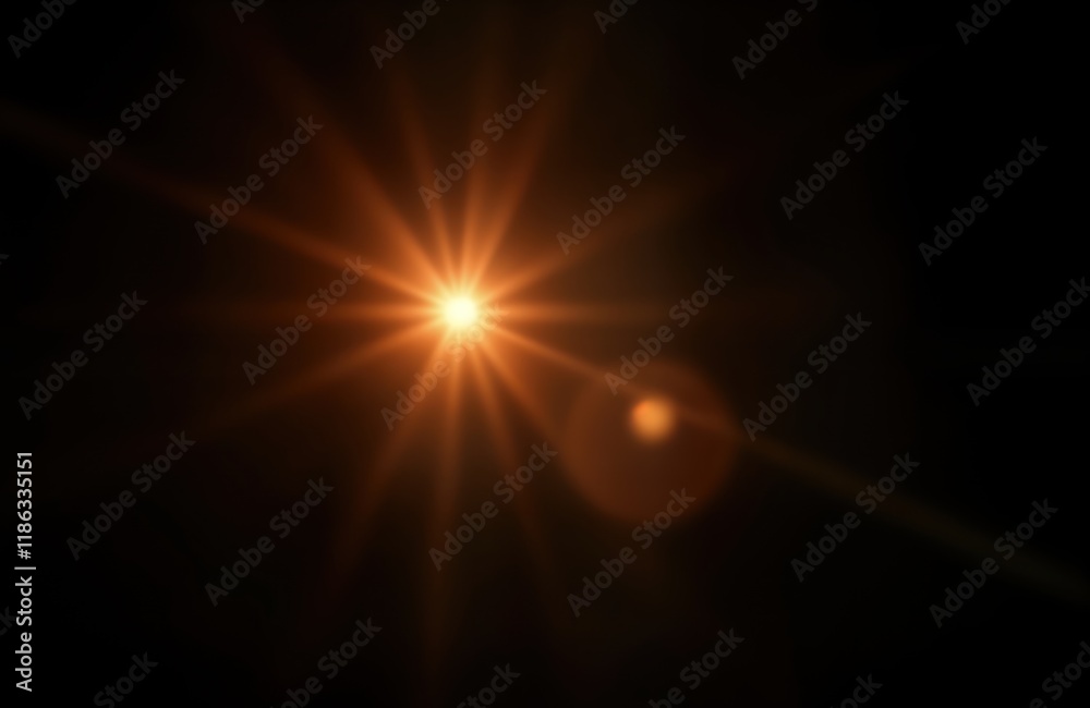 Poster Bright lens flare effect against black background. Sun rays create bright glowing burst. Abstract art design element. Great for digital projects photo editing. Use for video editing tech backgrounds.