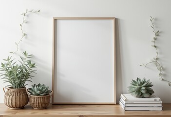 Wooden frame with succulents in pots on a white shelf.