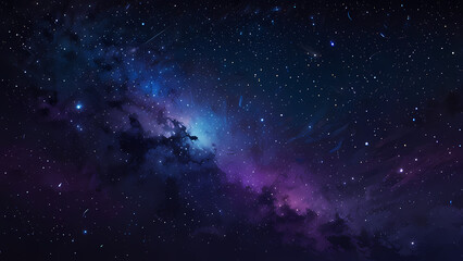 Obraz premium A mesmerizing abstract illustration of a starry night sky, featuring glowing stars of varying sizes scattered across a gradient of deep blue and purple hues, with soft swirls of cosmic light