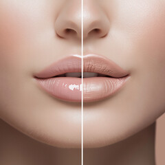The before and after lip plumping photo of an attractive woman's lips, with one side showing natural fullness and the other side having an extreme lipstick application