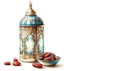 Ramadan vibes: A traditional lantern with dates in a bowl, perfect for festive celebrations