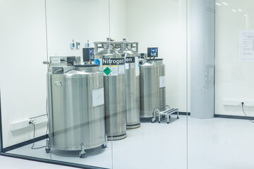 Cryogenic tanks containing liquid nitrogen in modern scientific laboratory