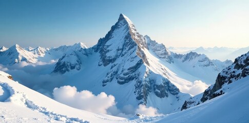 Obraz premium Snowy peak disappearing in the clouds above Meribel, snow, nature