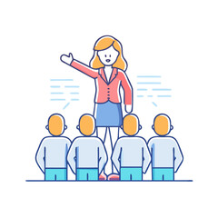 woman leading group vector icon, women’s day vector illustration - simple illustration of woman leading group perfect for logos, and holidays -themed designs.