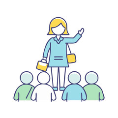 woman leading group vector icon, women’s day vector illustration - simple illustration of woman leading group perfect for logos, and holidays -themed designs.