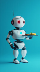 Fototapeta premium Robot serving food on a plate against a vibrant blue background.