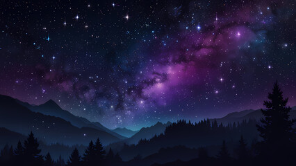 A mesmerizing abstract illustration of a starry night sky, featuring glowing stars of varying sizes scattered across a gradient of deep blue and purple hues, with soft swirls of cosmic light