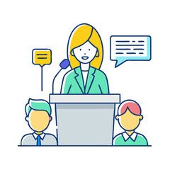 woman speaking at conference vector icon, women’s day vector illustration - simple illustration of woman speaking at conference perfect for logos, and holidays -themed designs.