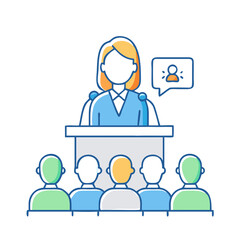 woman speaking at conference vector icon, women’s day vector illustration - simple illustration of woman speaking at conference perfect for logos, and holidays -themed designs.