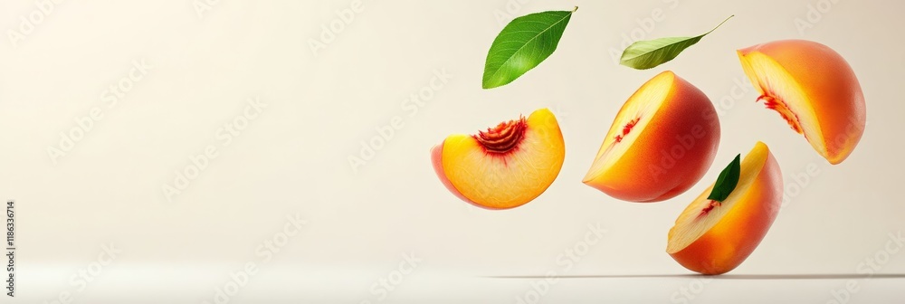 Aufkleber Fresh peach slices and leaves are levitating on a minimalist cream background, creating a visually appealing scene with vibrant colors and textures