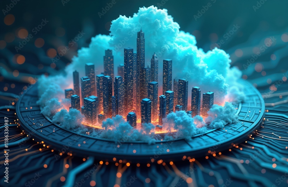 Aufkleber Futuristic city surrounded by cloud based tech infrastructure. Data storage, transfer system visualized as city within cloud. Modern digital network represented by tech circuits, global connectivity