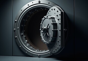 Open Bank Vault Interior Revealing Secure Storage Space with Heavy Metal Door, Emphasizing Security, Wealth, and Financial Protection