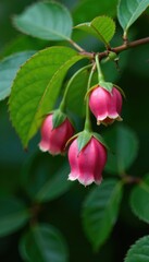 Soft pink rose hips hang like lanterns on wet green leaves, botanical, flower, wet leaves