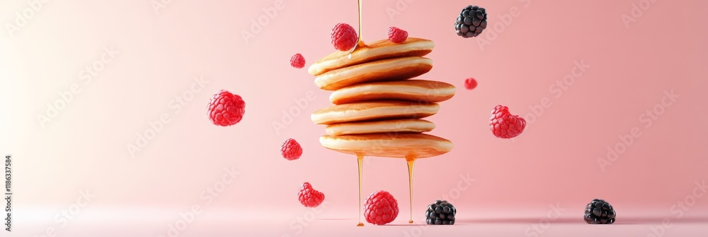 Aufkleber Stack of pancakes is levitating in the air with syrup dripping and fresh raspberries and blackberries floating around on a pink background, creating a visually appealing and delicious scene