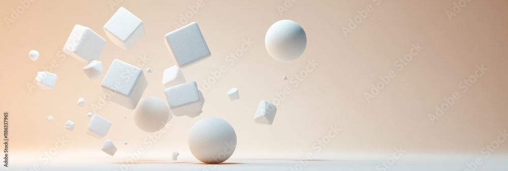 Poster Abstract 3d render featuring levitating white cubes and spheres of varying sizes against a soft pastel backdrop, creating a serene and minimalist composition