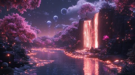 Fototapeta premium Magical fantasy landscape with glowing waterfall, river, and pink trees at night.