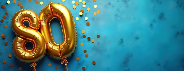 Gold foil balloons shaped as number eighty on blue concrete background. Anniversary card shows 80th inscription. Party decor for celebration. Anniversary birthday celebration concept. Top view layout