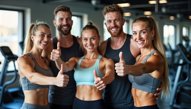 Group of happy young active people in gym showing thumbs up. Positive energy, motivation evident. Healthy lifestyle, fitness focus. Group exercising together. Friendly, supportive atmosphere.