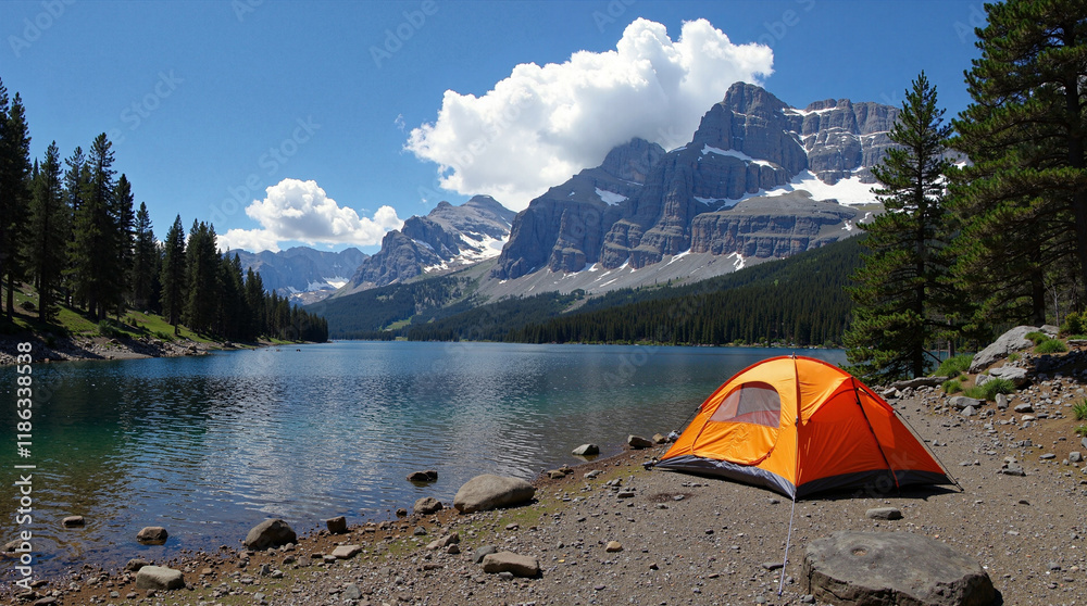 Wall mural camping with a tent in the mountains on a lake with a view of beautiful mountains.