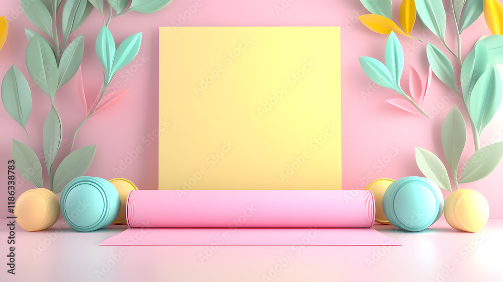 Poster a vibrant pastel scene featuring a yellow square surrounded by colorful decorations and foliage, cre