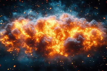 Naklejka premium dramatic explosion effect with dynamic fire, smoke and debris elements for movie or game visual effects on isolated background