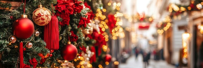 Festive Christmas Decoration with Colorful Ornaments and Lights in a Charming Street Scene Filled with Holiday Spirit and Cheerful Atmosphere